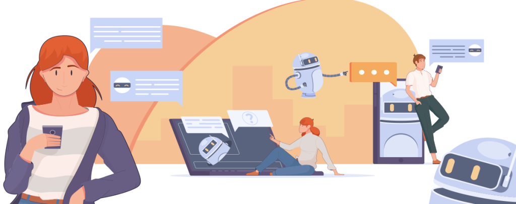 Graphic showing people working with an AI chat bot