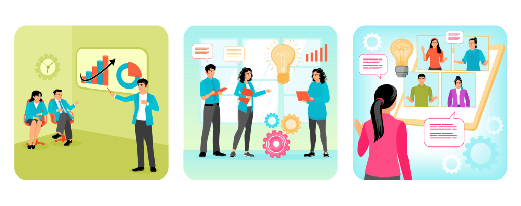 Graphic showing a leader managing a team in different situations