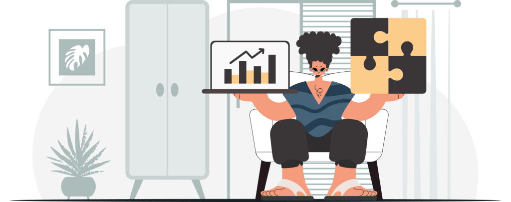 Graphic showing a woman holding a laptop and a puzzle