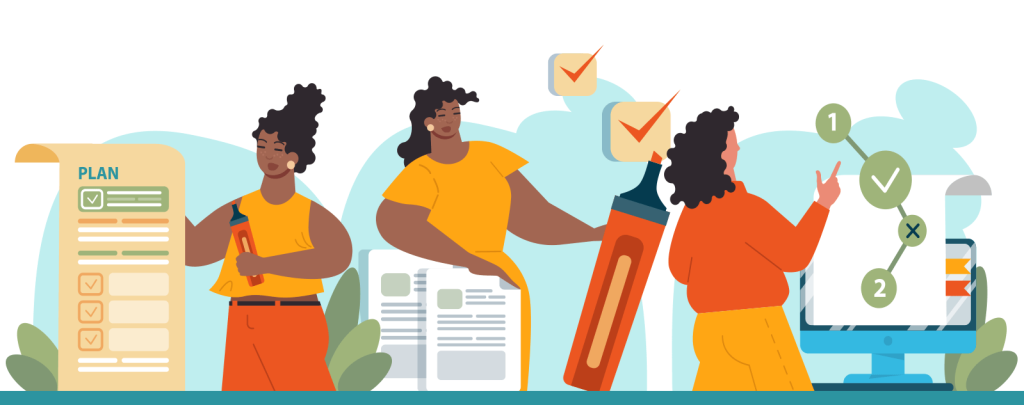 Graphic showing a woman making rules and plans